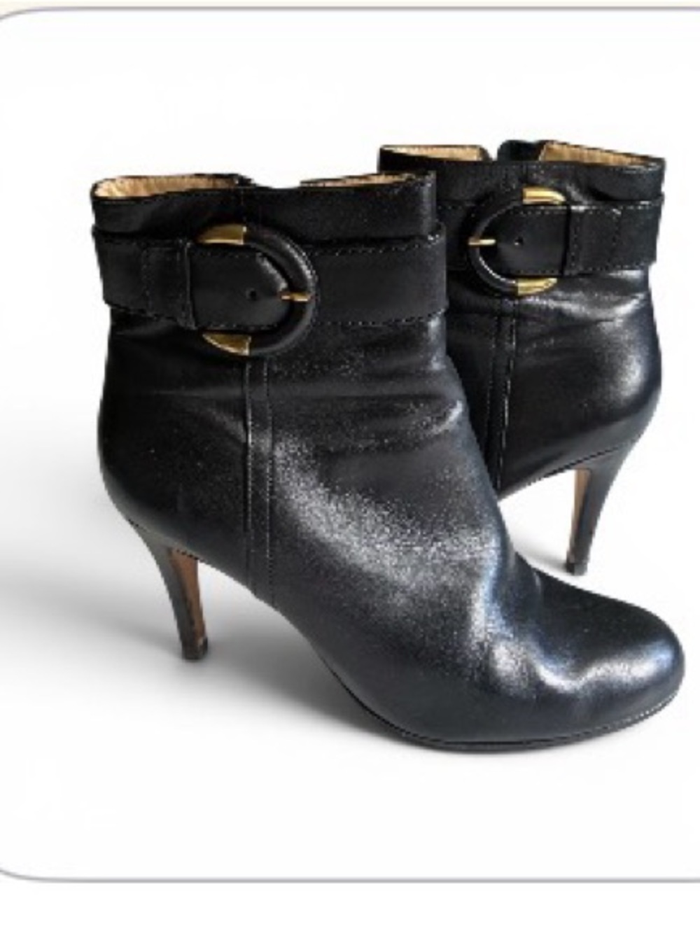 Black Coach Leather Ankle Boots with Buckle Detail